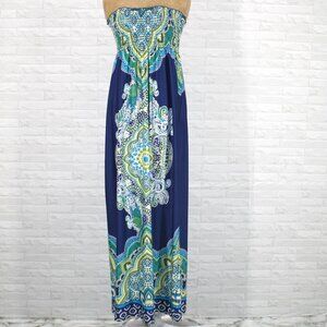 BONGO Sundress Maxi Shirred Bodice Tropical Floral Resortwear Blue Green XL